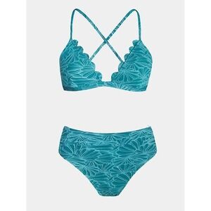Cupshe Teal Floral Textured Scallop Tie Back High‎ Waisted Bikini Swimsuit